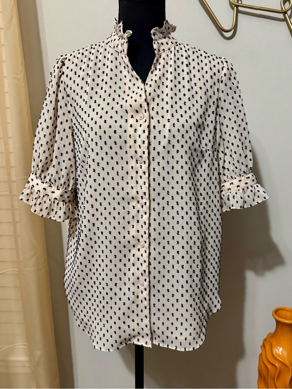 Ann Taylor Cream Button-Front Blouse with Navy Blue Dot Print